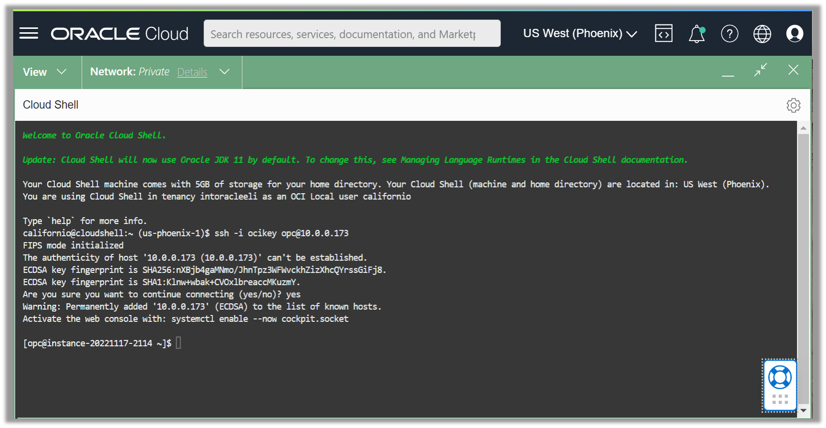 Screenshot - Access Compute Instances in a Private Subnet with the Oracle Cloud Shell_2