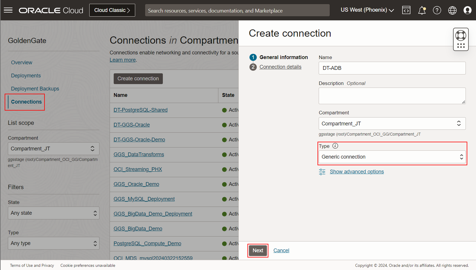 Create a GoldenGate Connection in OCI Console