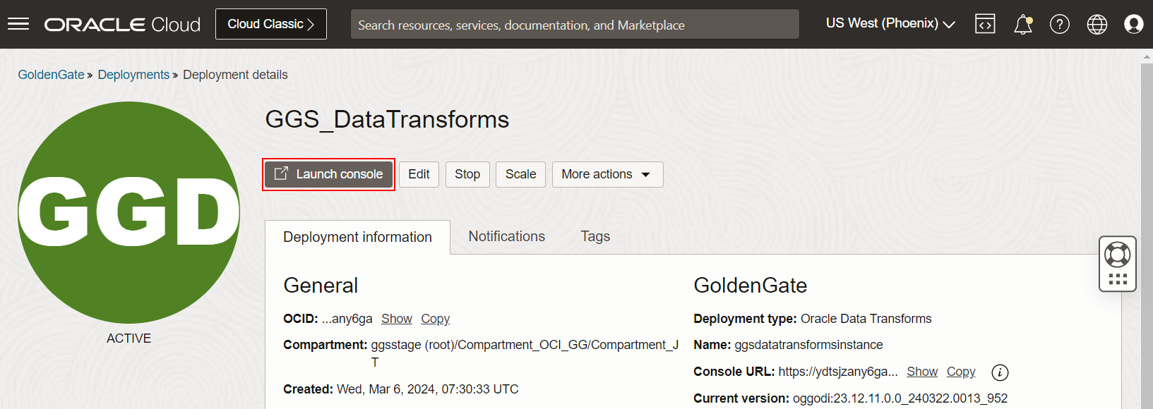 Launch Console for Data Transforms deployments