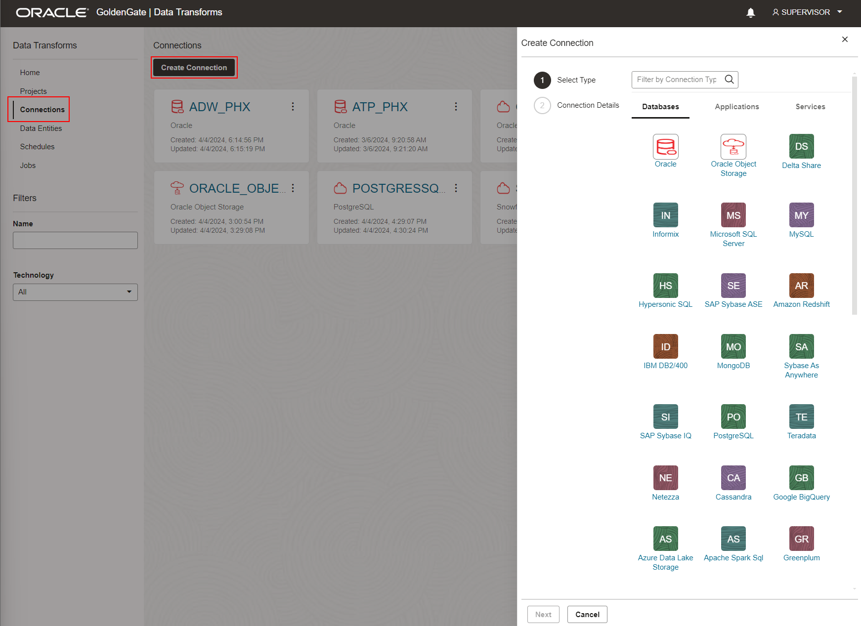 Create Connection in Data Transforms
