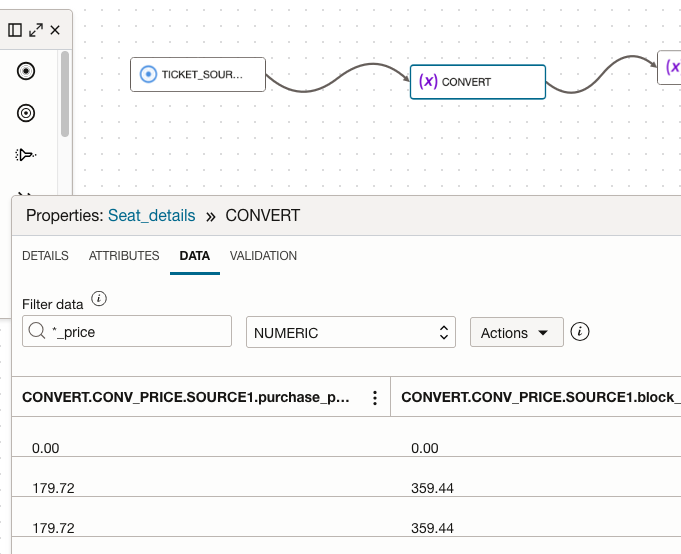 Expression Data Tab with filters to select NUMERIC and attributes of pattern '_price'