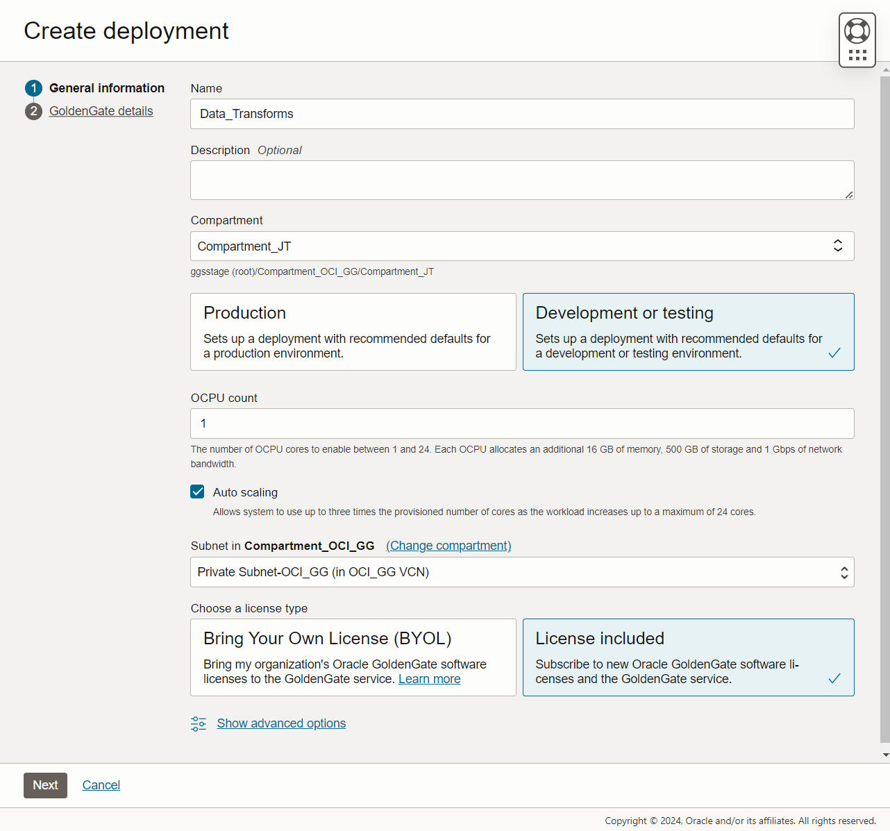 Data Transforms Deployment Creation GoldenGate details