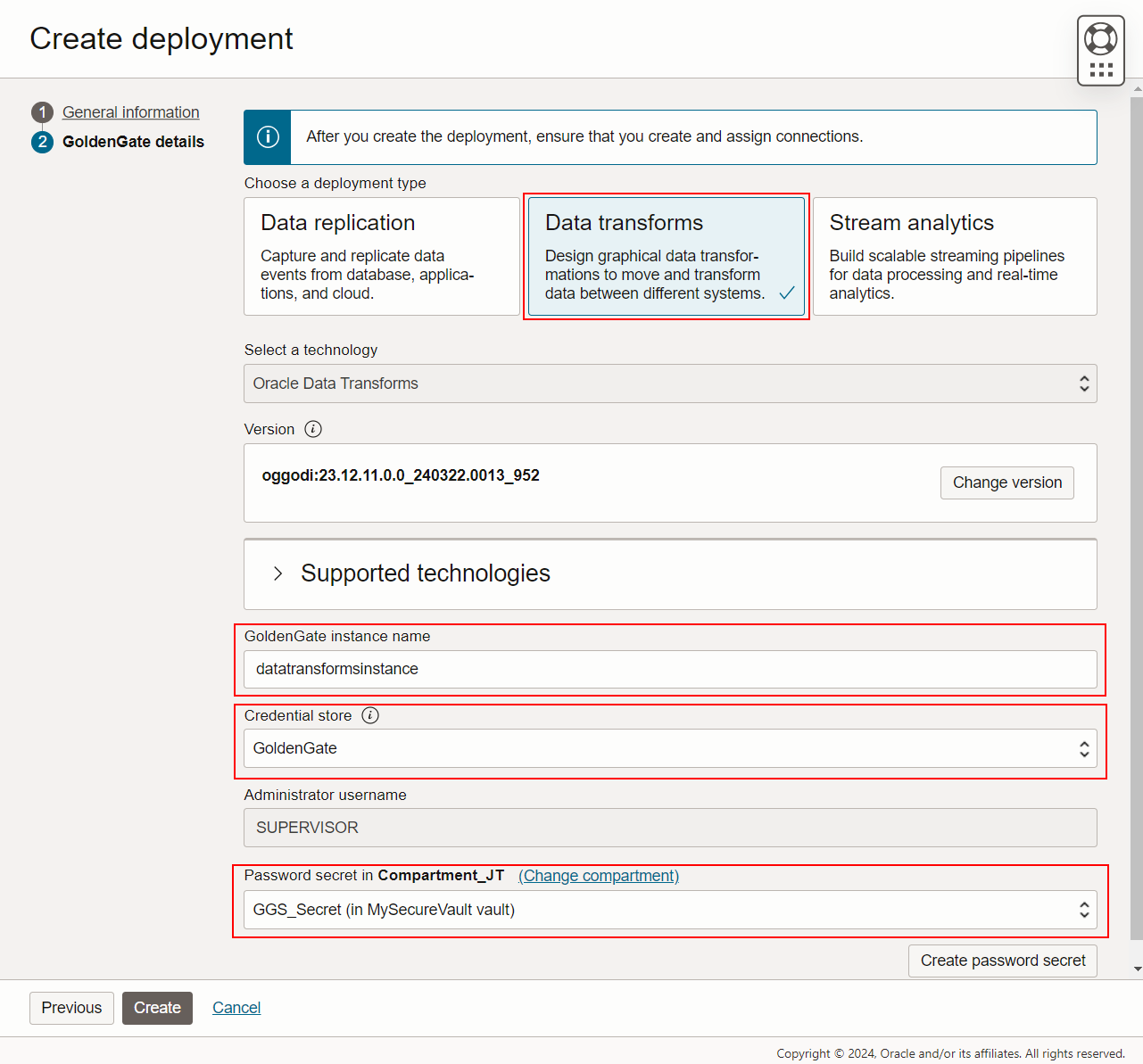 Data Transforms Deployment Creation Credential Store