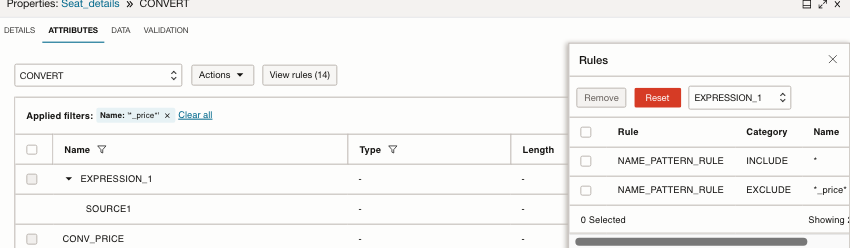 Expression Exclude attributes with 'View Rules' dropdown displaying the excluded patterns