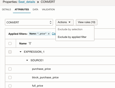 Expression 'Exclude' Attributes with name and datatype filter of VARCHAR, Action button dropdown, select 'Exclude by applied filter'