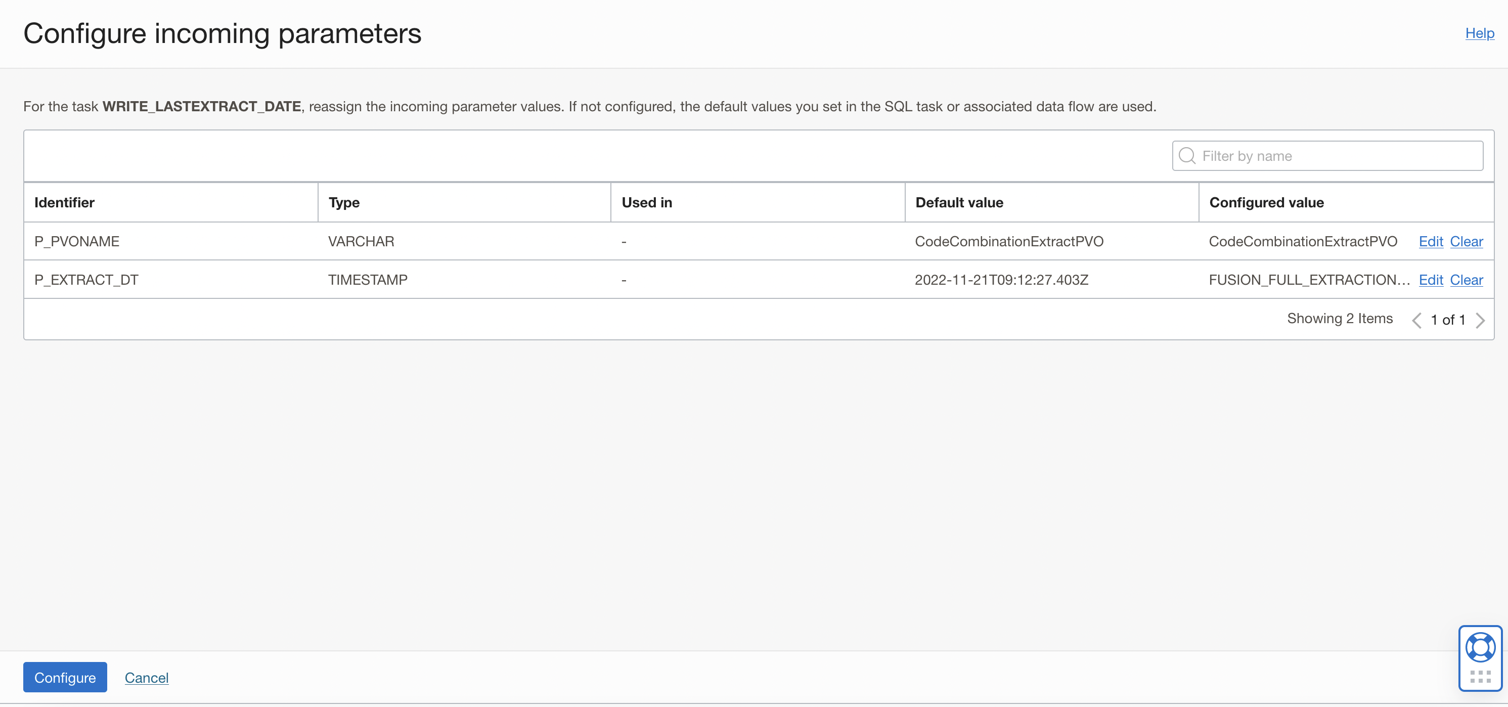 Two input parameters of the SQL task showing Configured values