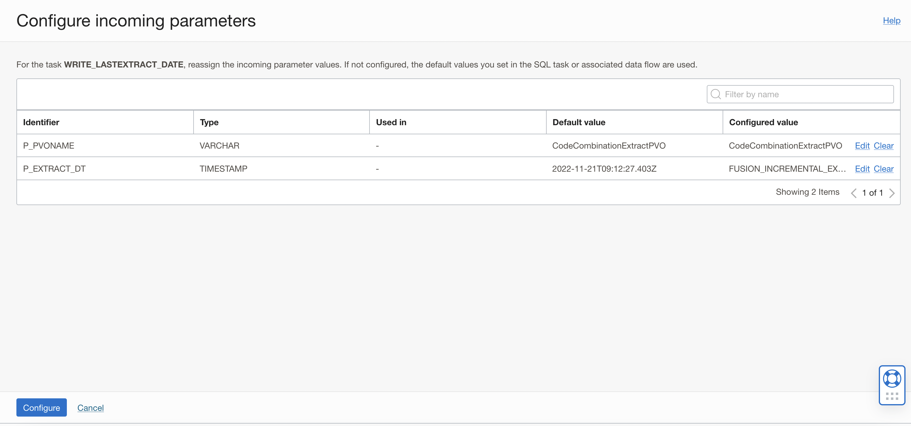 Two input parameters of the SQL task showing configured values