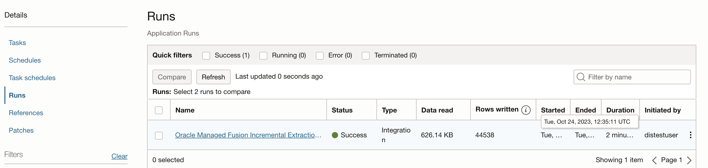 Figure 4: First Fusion extraction job started at Tue, Oct 24, 2023, 12:35:11 UTC