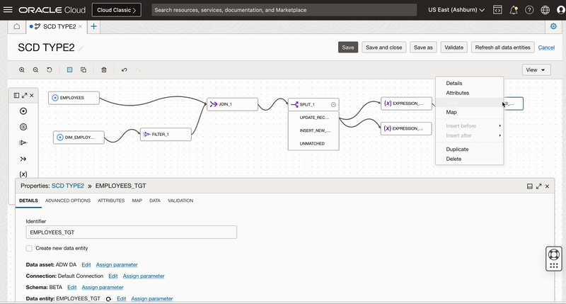 Figure 8: Creating new target operator and mapping columns to insert new version of existing records