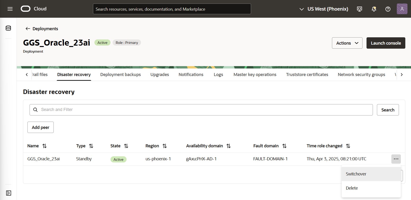 Standby peer actions