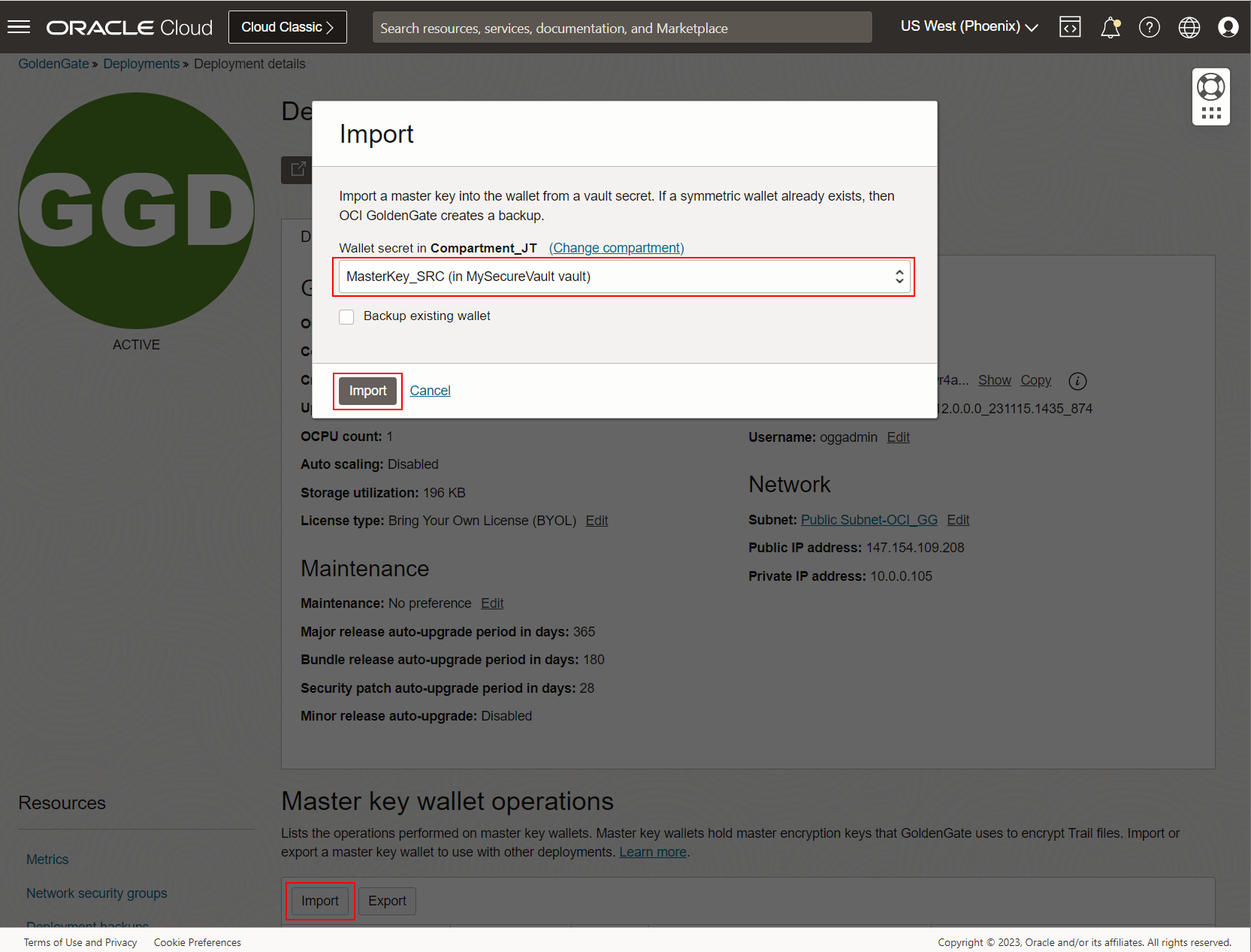 Import master key wallet using OCI Console