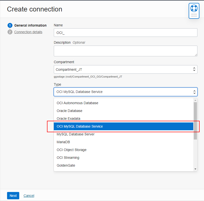 Create a connection to a MySQL database in OCI GoldenGate - 1/2