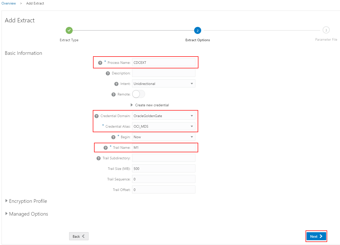 Extract Options in GoldenGate Console