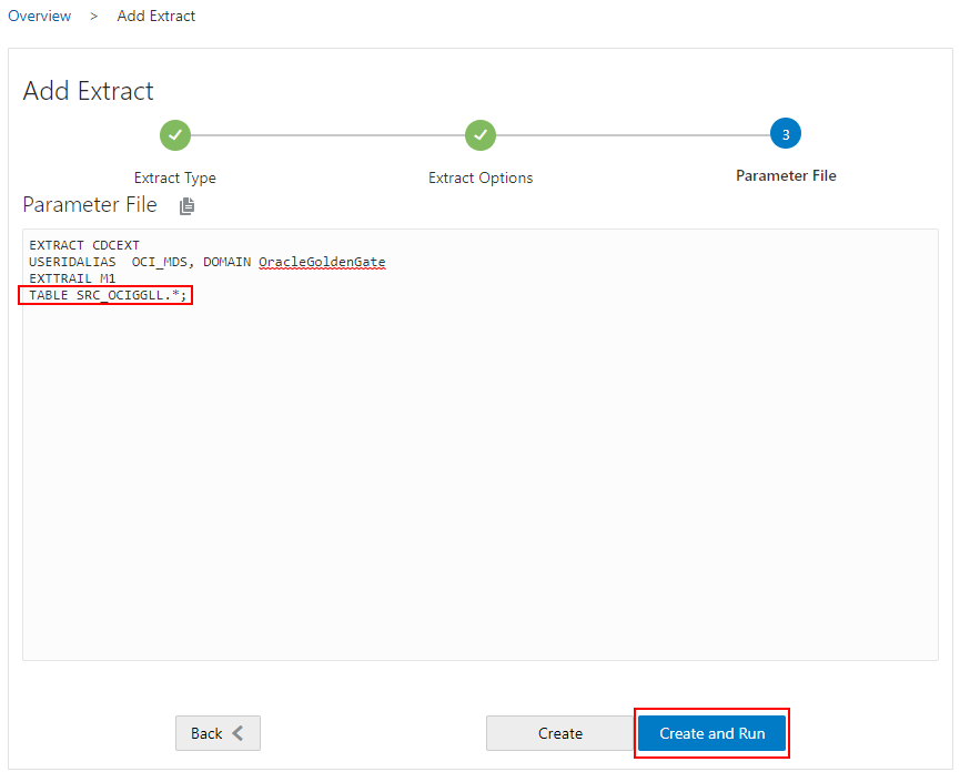Extract parameters in GoldenGate Console