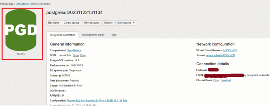 OCI PostgreSQL database details page