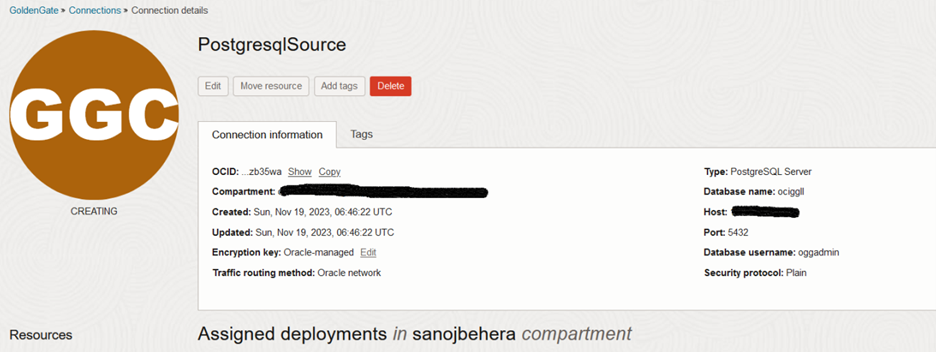 Source DB Connection in OCI GoldenGate - Details page