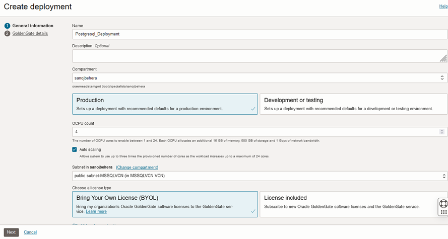 OCI GoldenGate PostgreSQL Deployment Creation - 1/3