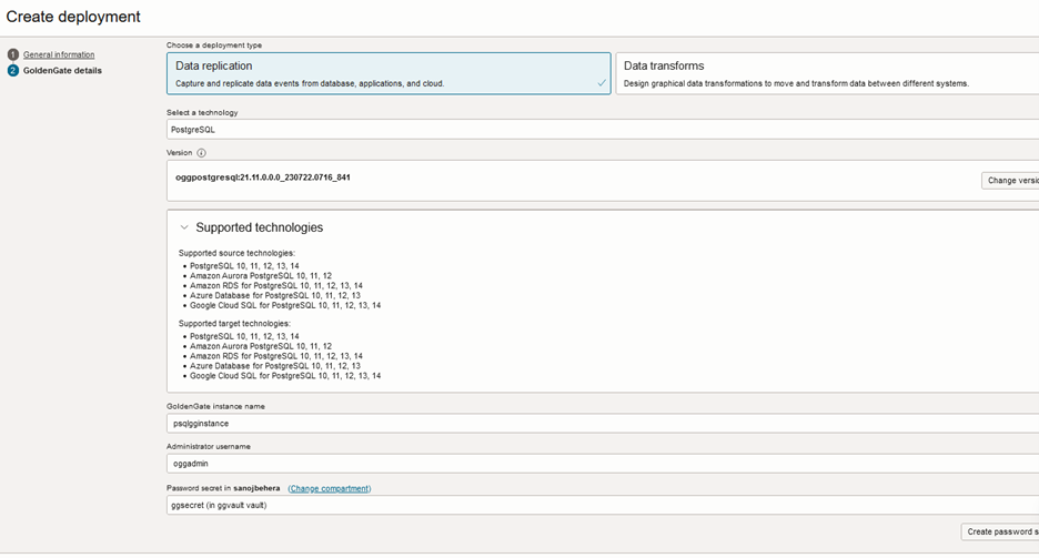 OCI GoldenGate PostgreSQL Deployment Creation - 2/3