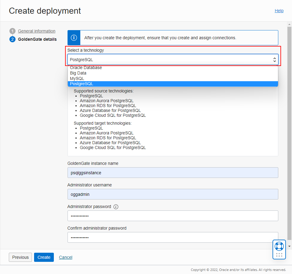 Create PostgreSQL deployment - details screen