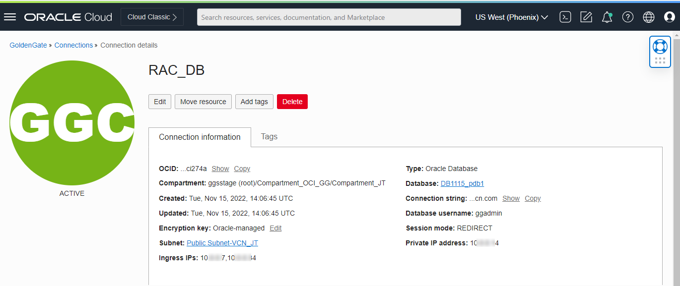 RAC Database Connection Details