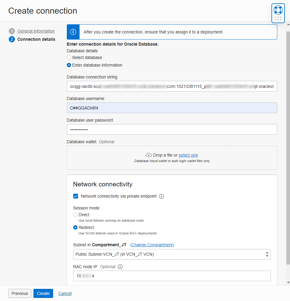 RAC Connection Creation using Enter database information