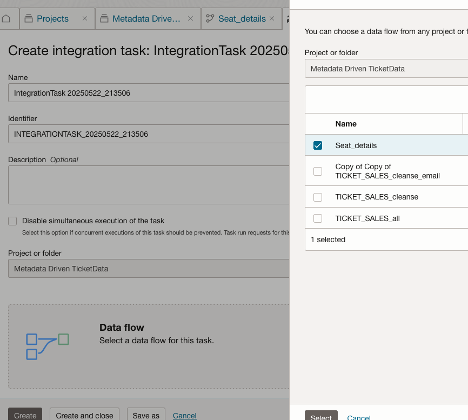 Create Integration task, select project and Data Flow