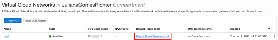 VCN Route Table