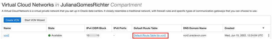 Route Table for VCN2