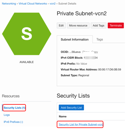 Security List for VCN2