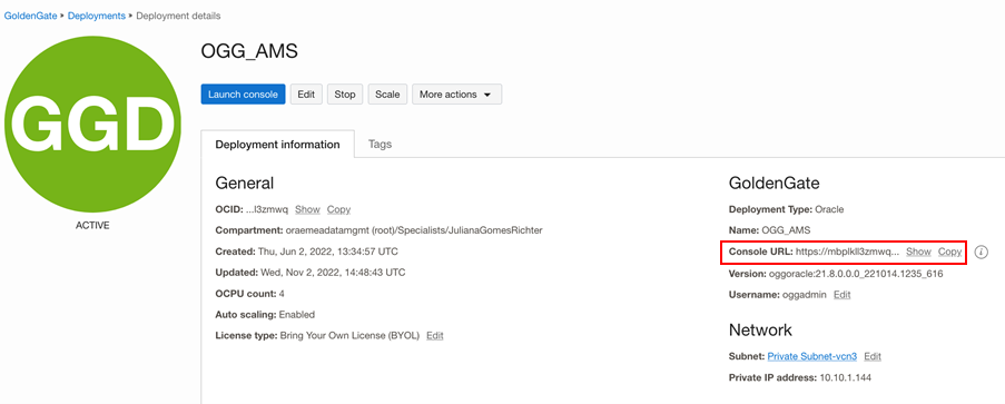 Deployment Console URL