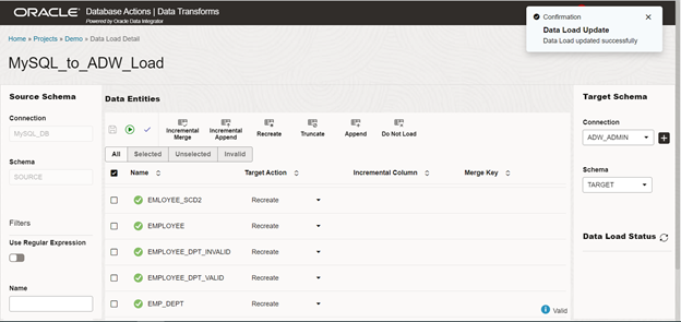 MySQL to ADB Load Recreate option