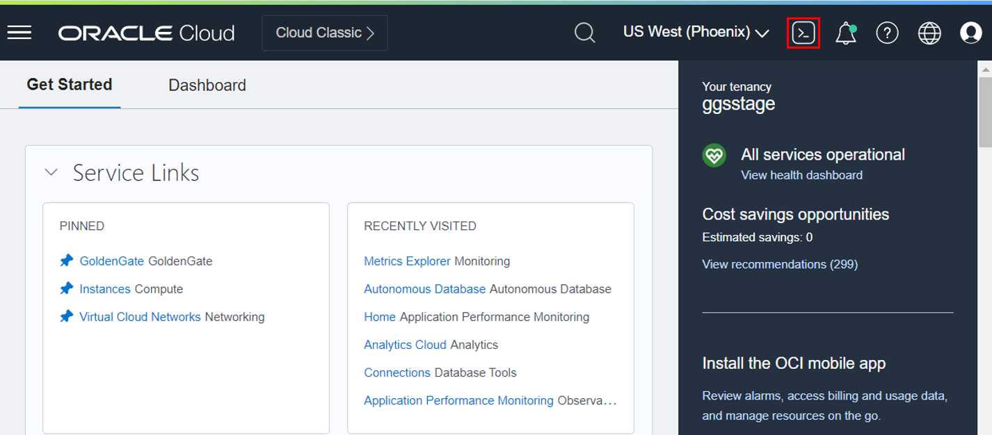 Starting Cloud Shell in OCI Console