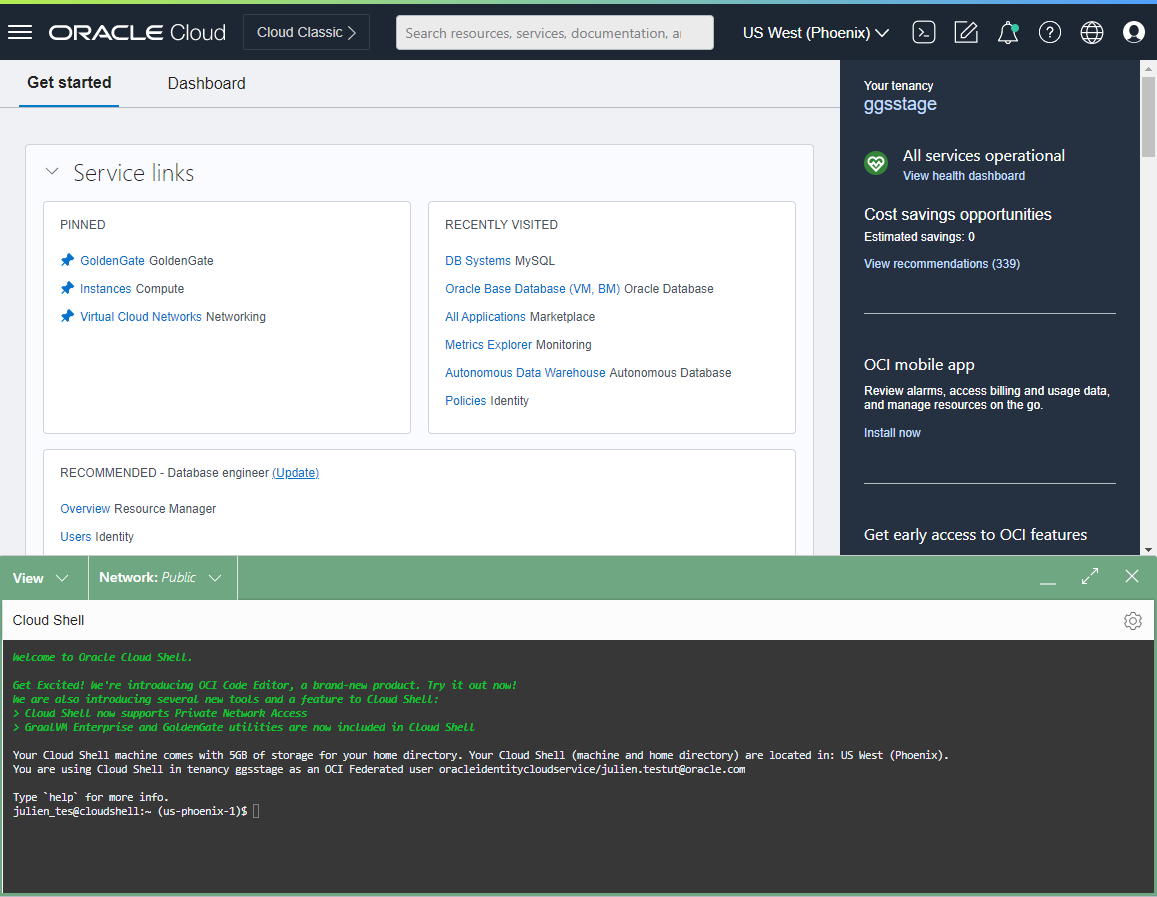 Cloud Shell opened in OCI Console