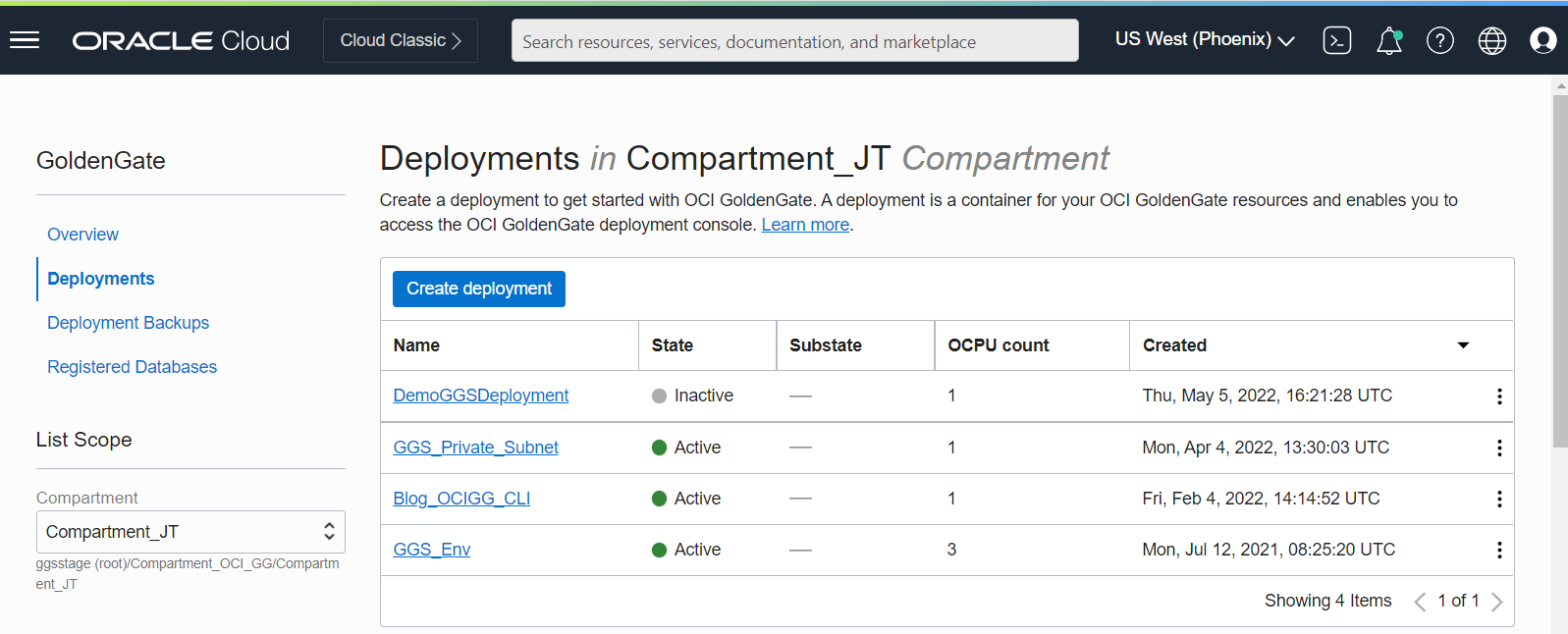 OCI GoldenGate Deployments List