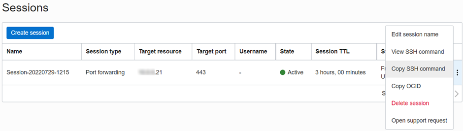 OCI Bastion Session listing