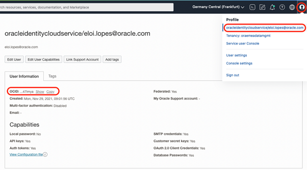 Copy User OCID from OCI Console Profile