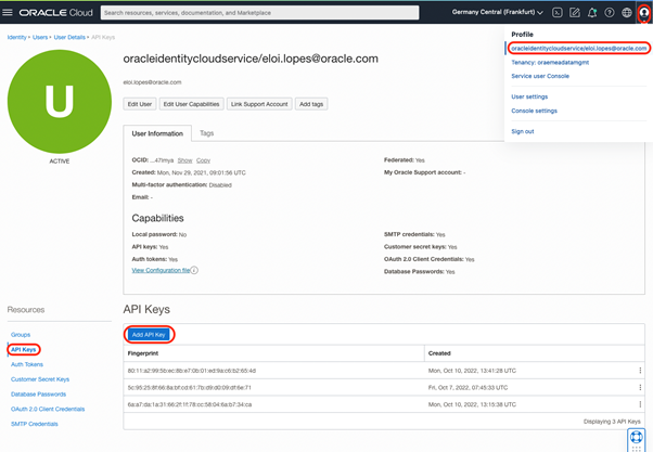 API Key in OCI Console Profile