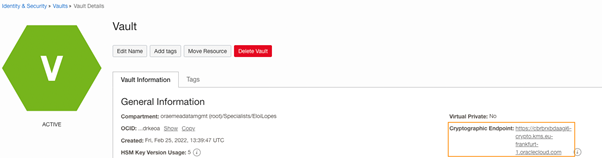 OCI Vault details page