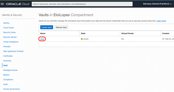 Open Vault from OCI Console