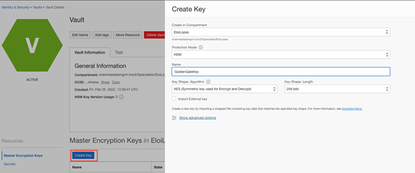 Create new Key in OCI Vault
