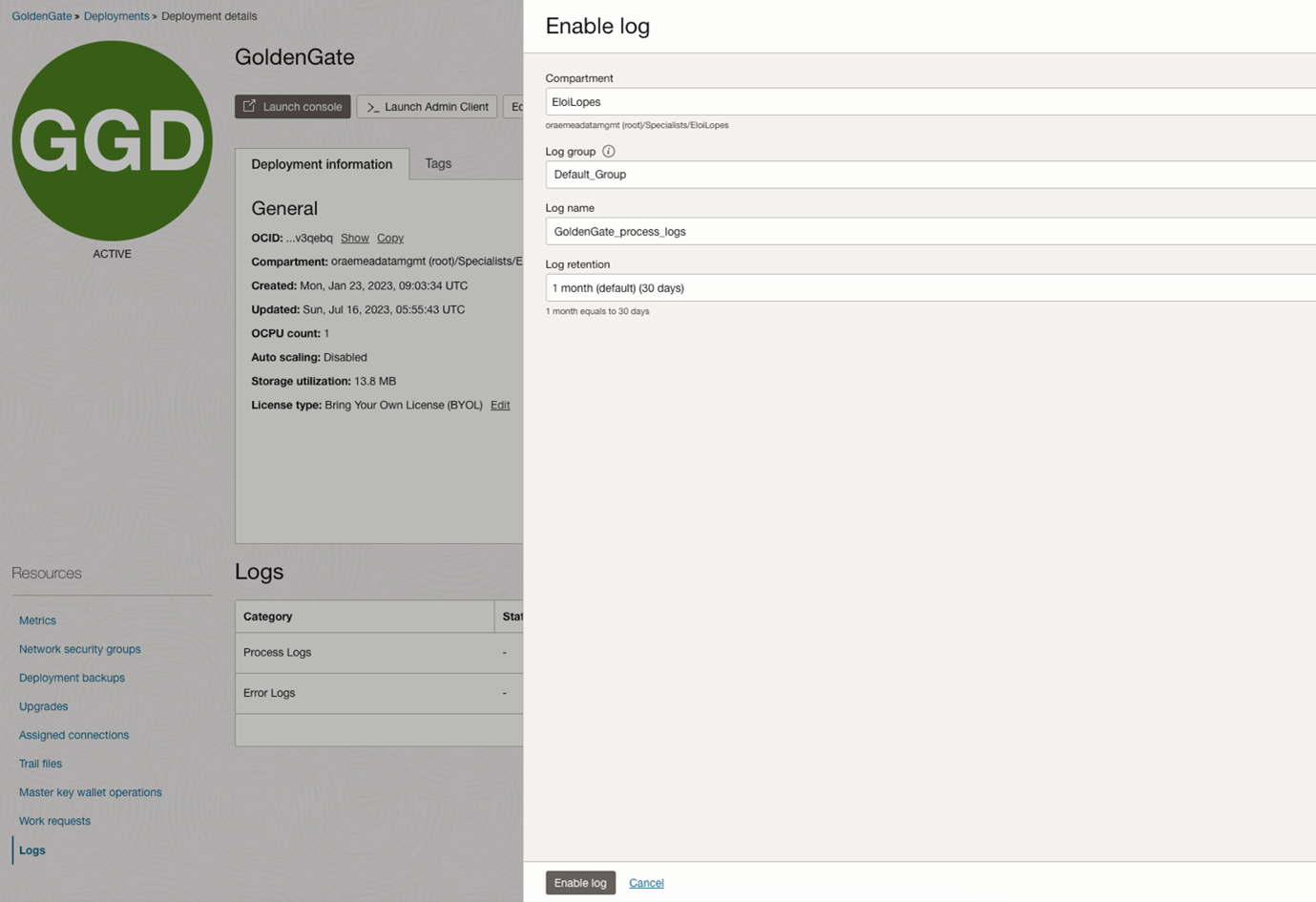 Enable logs in OCI GoldenGate