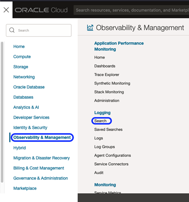 Search functionality in OCI Logging