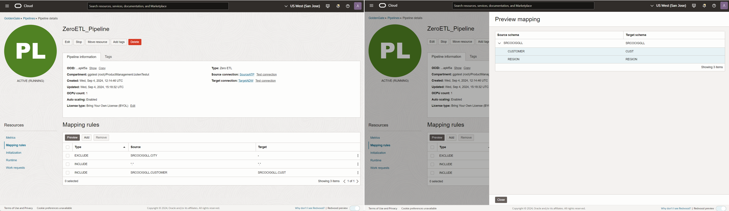 Figure 2 - ZeroETL Mirror pipeline Mapping rules & Preview