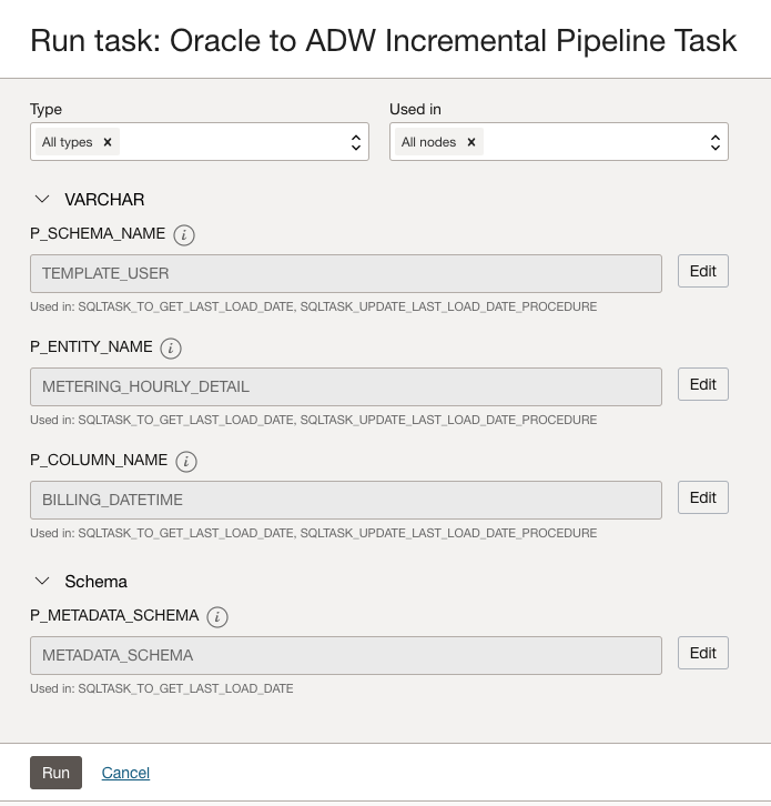 Oracle DB to ADW Pipeline Tasks - Parameters for the task execution window