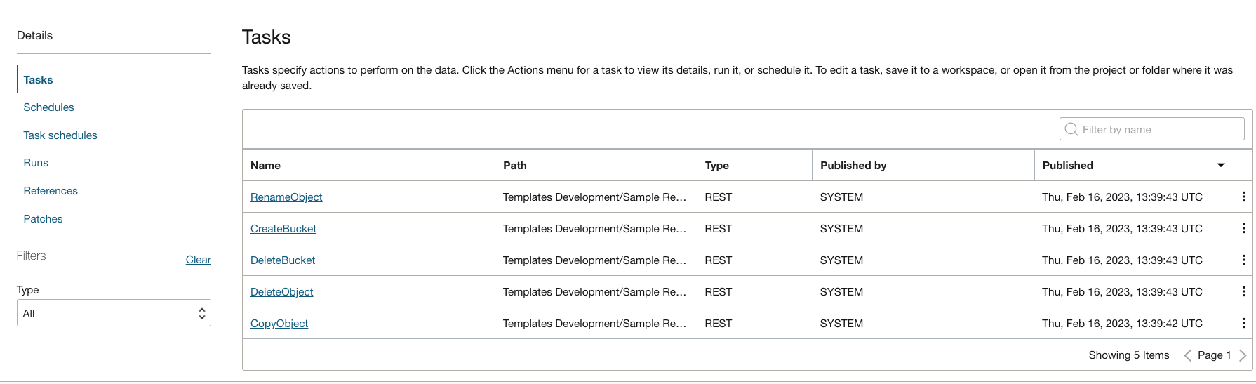Oracle Object Store Management Template tasks