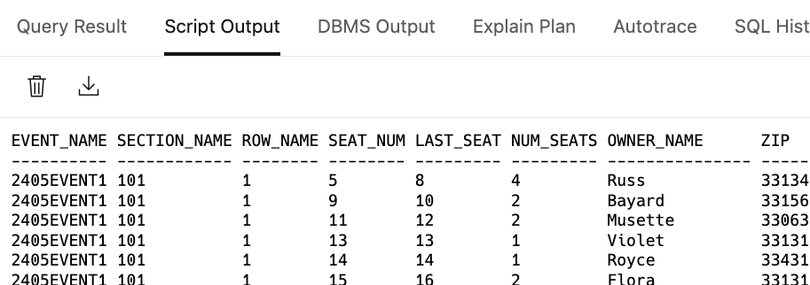 sql query showing TICKET_SEATS_SOLD output