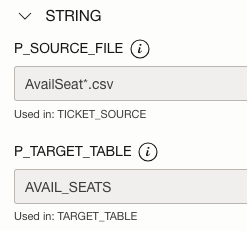 Task run parameters 'AvailSeat*.cxv source file and AVAIL_SEATS target table