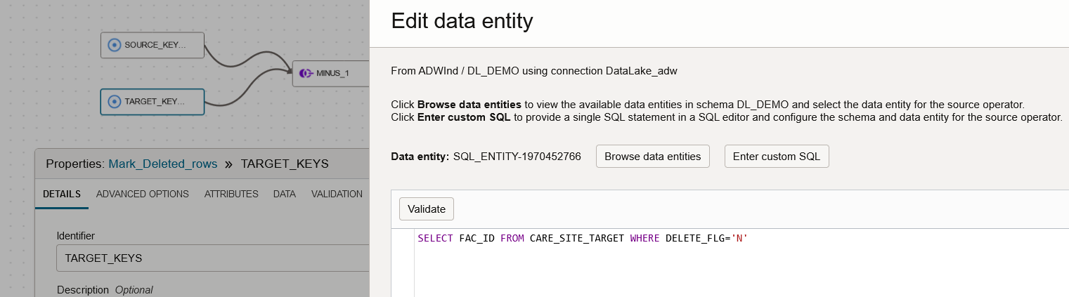 Select key columns from non-deleted rows in the target