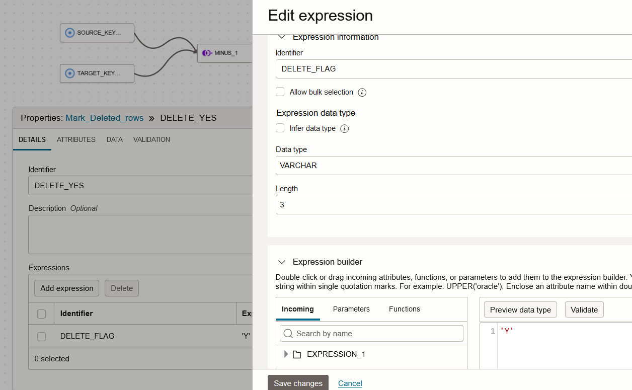 Add and expression to create constant 'Y' to mark the deleted row in the target