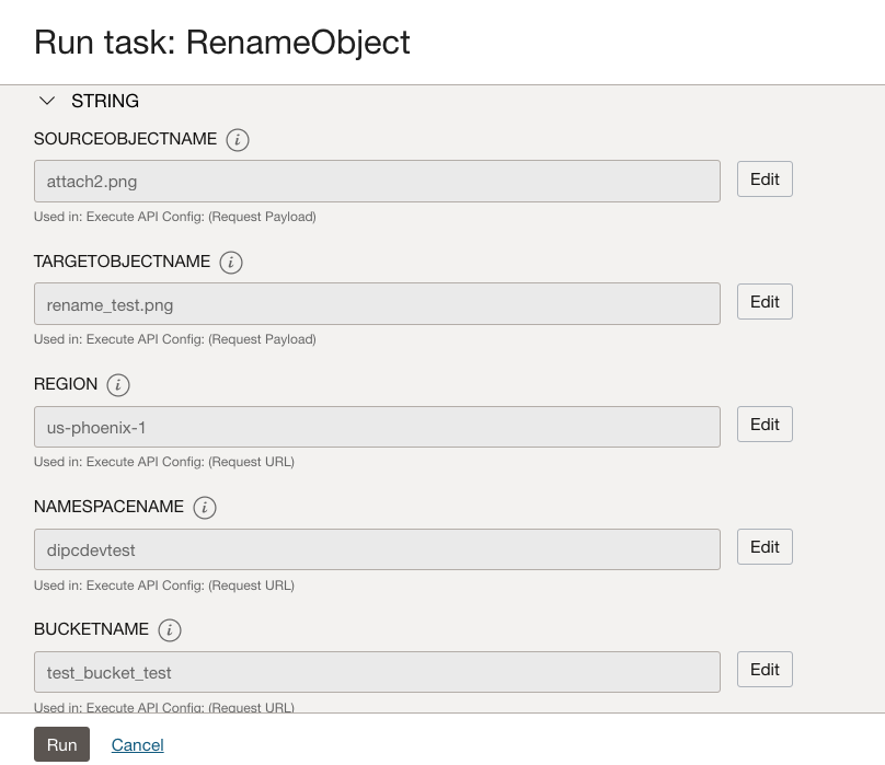 Task RenameObject parameters from Oracle Object Store Management Template